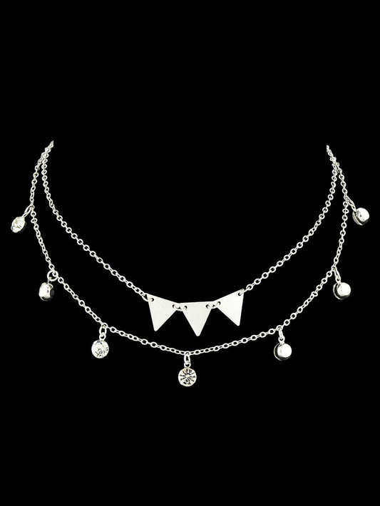 Trendy Jewellery Double layer Silver Chain Rhinestone Triangle Pendant Necklace-1
