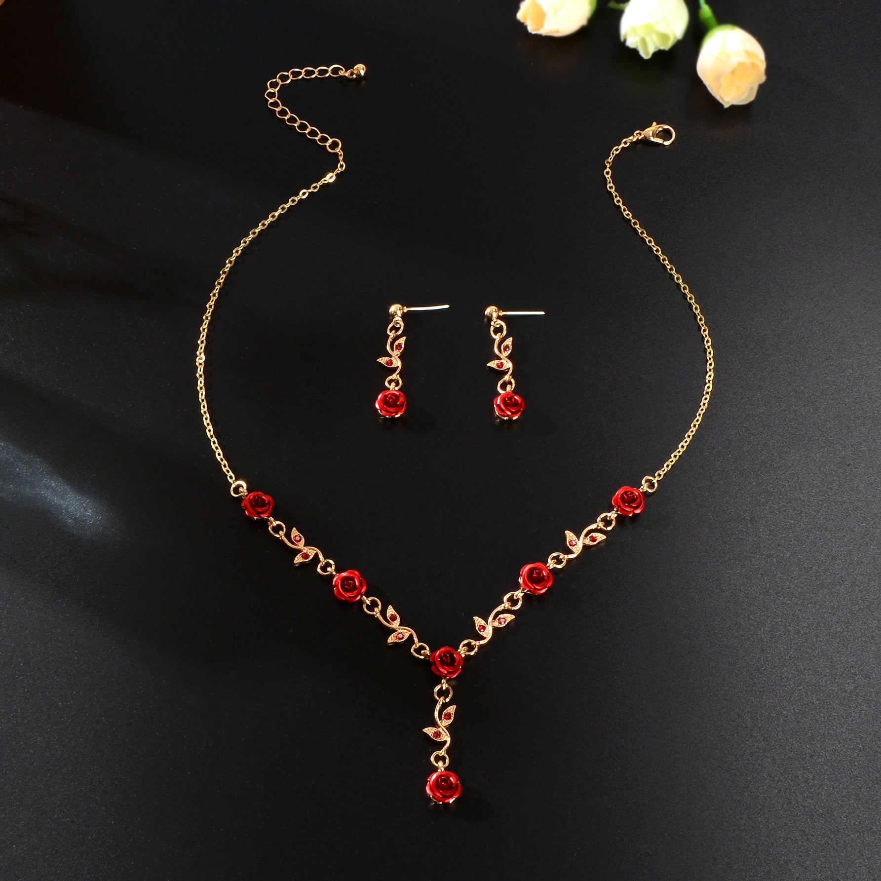Golden Leaf Red Hot Pink Flower Pendant Necklace Dangle Earrings Jewellery set-3