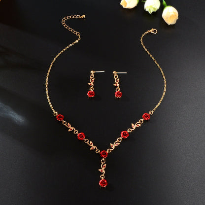 Golden Leaf Red Hot Pink Flower Pendant Necklace Dangle Earrings Jewellery set-3