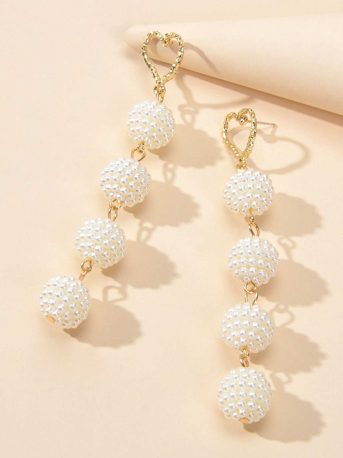 Beautiful White Beads Ball Gold Heart Long Dangle Earrings Perfect Wedding Gift-1