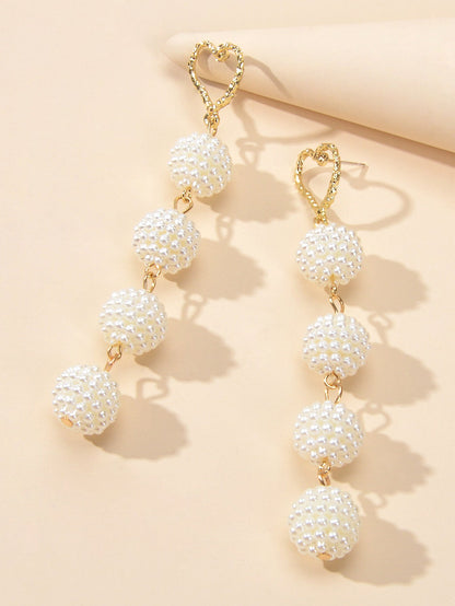 Beautiful White Beads Ball Gold Heart Long Dangle Earrings Perfect Wedding Gift-1