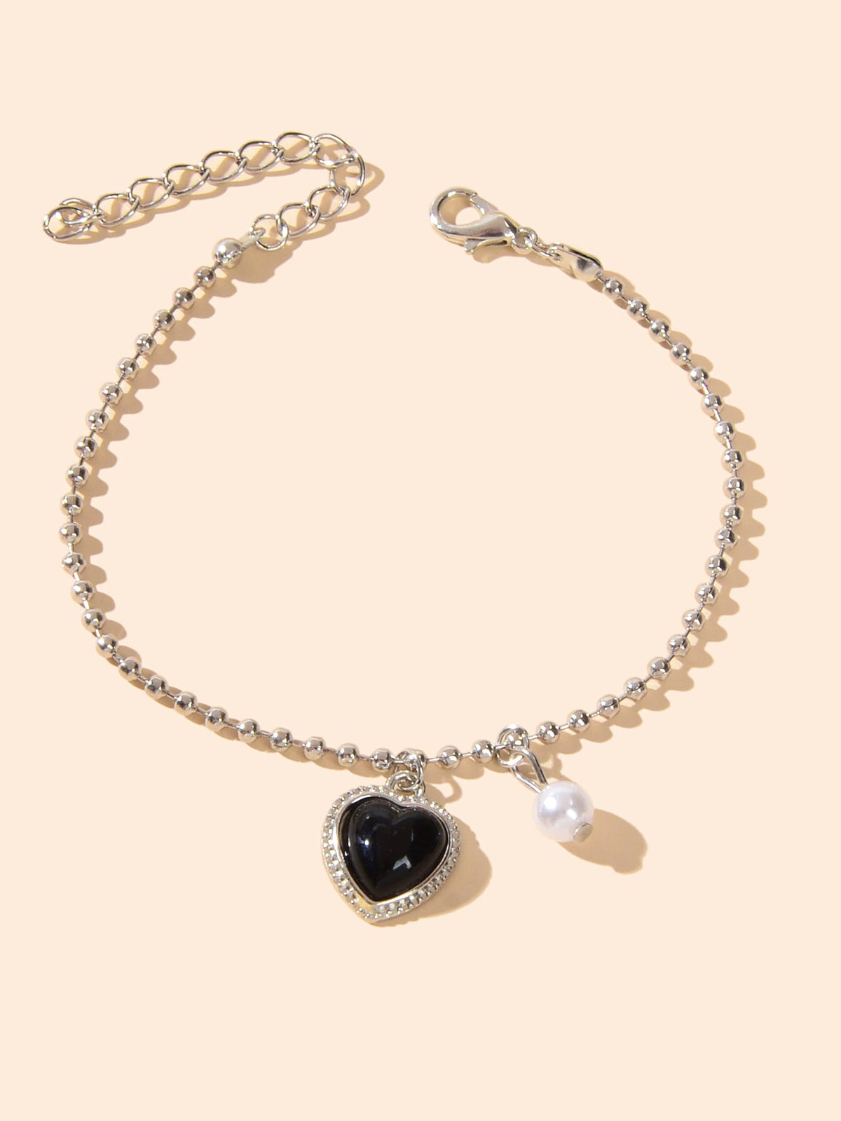 Girlfriend Gift Jewellery Silver Popcorn Chain Pearl Black Heart Charm Bracelets-1