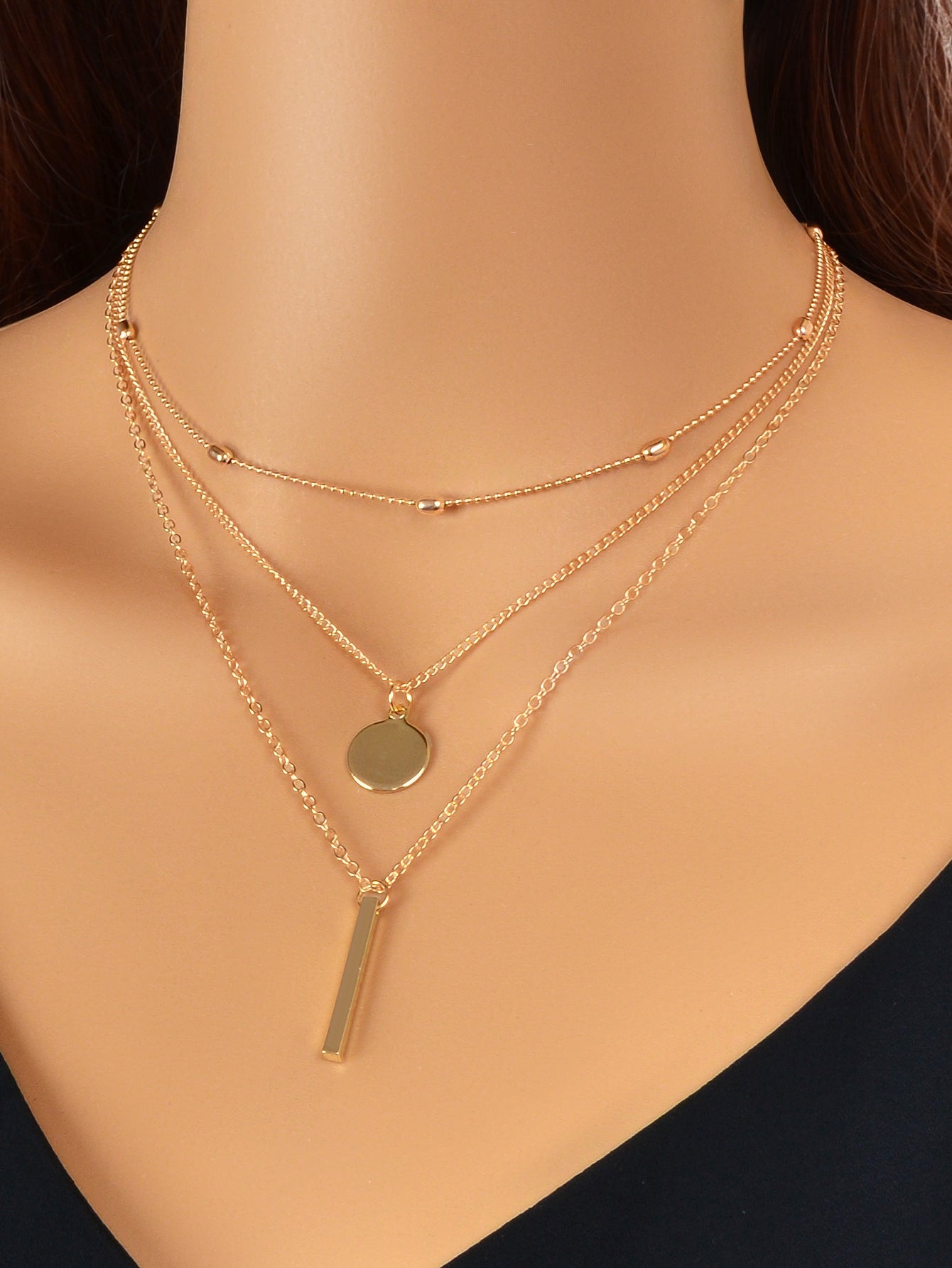 3 pcs Multilayer Bar Disc Pendant Dainty Necklaces Gold Layered Chain Chokers-1