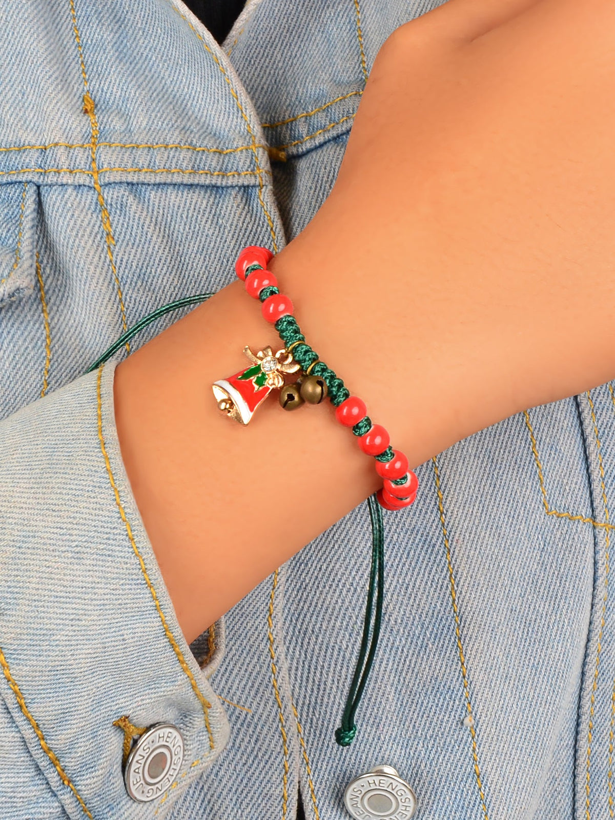 Xmas Gift Jewellery Green Braided Rope Red Beaded Bell Charm Adjustable Bracelet-1