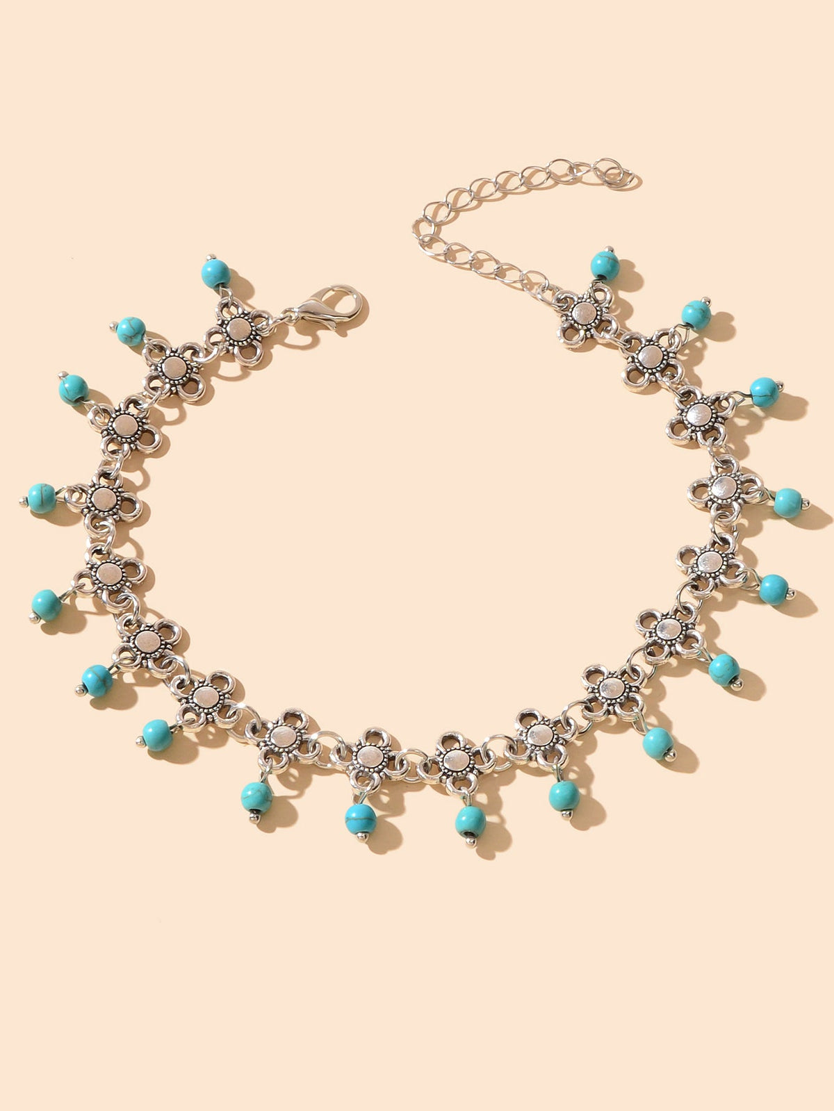 Ethnic Boho Chic Antique Silver Flower Turquoise Charm Beach Anklet Foot Jewelry-1