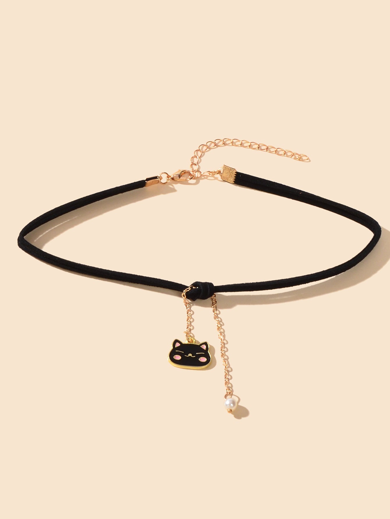 Black Choker Gold Chain Pearl Cat Charm Necklace Lovely Short Women Party Collar-1