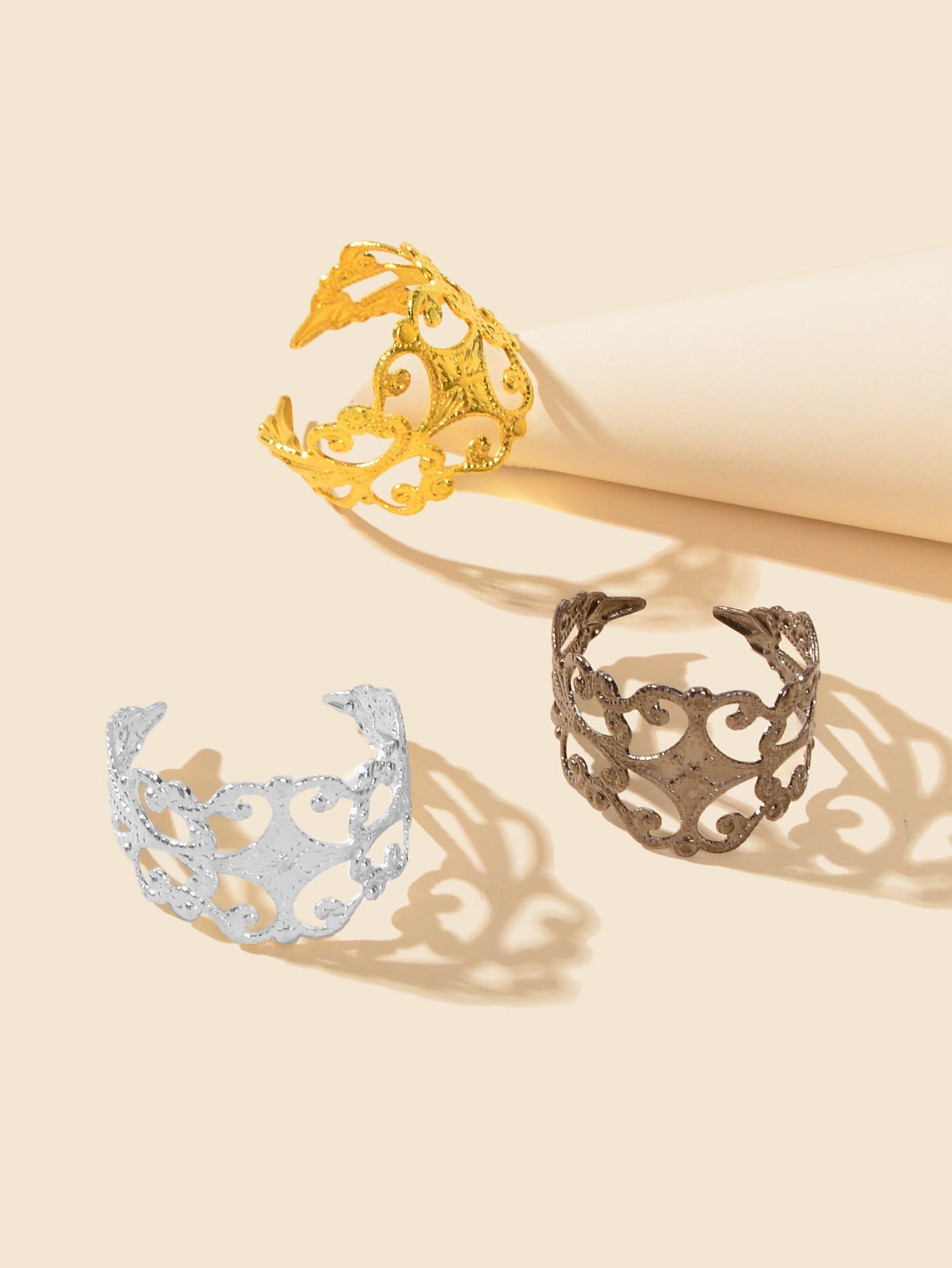 Retro Court Style 3pcs Gold Silver Geometric Flower Open Cuff Stackable Ring Set-1