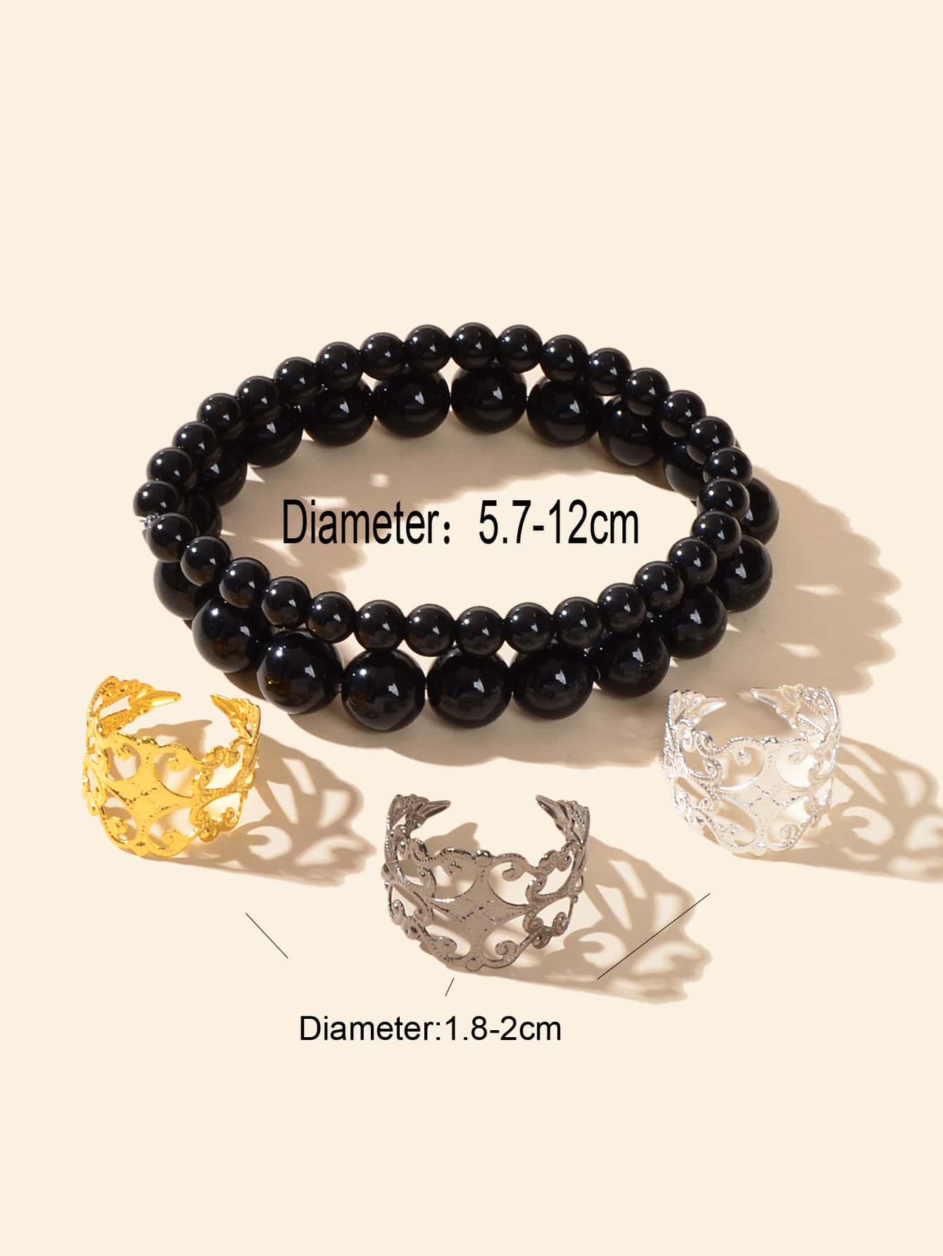 Double Layer Black Bead Bracelet with 3 Vintage Rings Set - Retro Chic Ensemble-2
