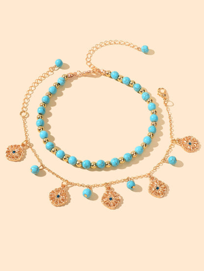 2pcs Handmade Turquoise Beads Anklets Boho Round Charm Bracelets Foot Anklet Set