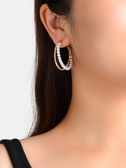 Good Quality Pearl Gold Metal Double layer Circle Chunky Hoop Huggie Earrings-4