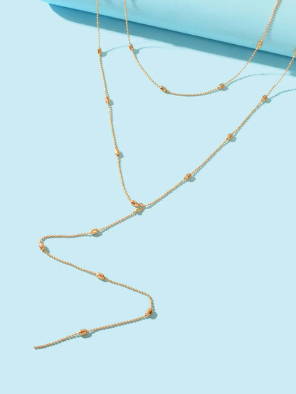 Double-Layered Beaded Wave Chain Tassel Necklace Elegant Statement Piece-2