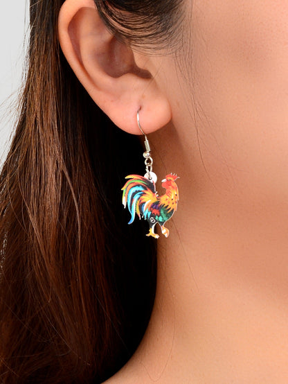 Statement Jewellery Colourful Cock Chicken Acrylic Dangling Rooster Earrings-1