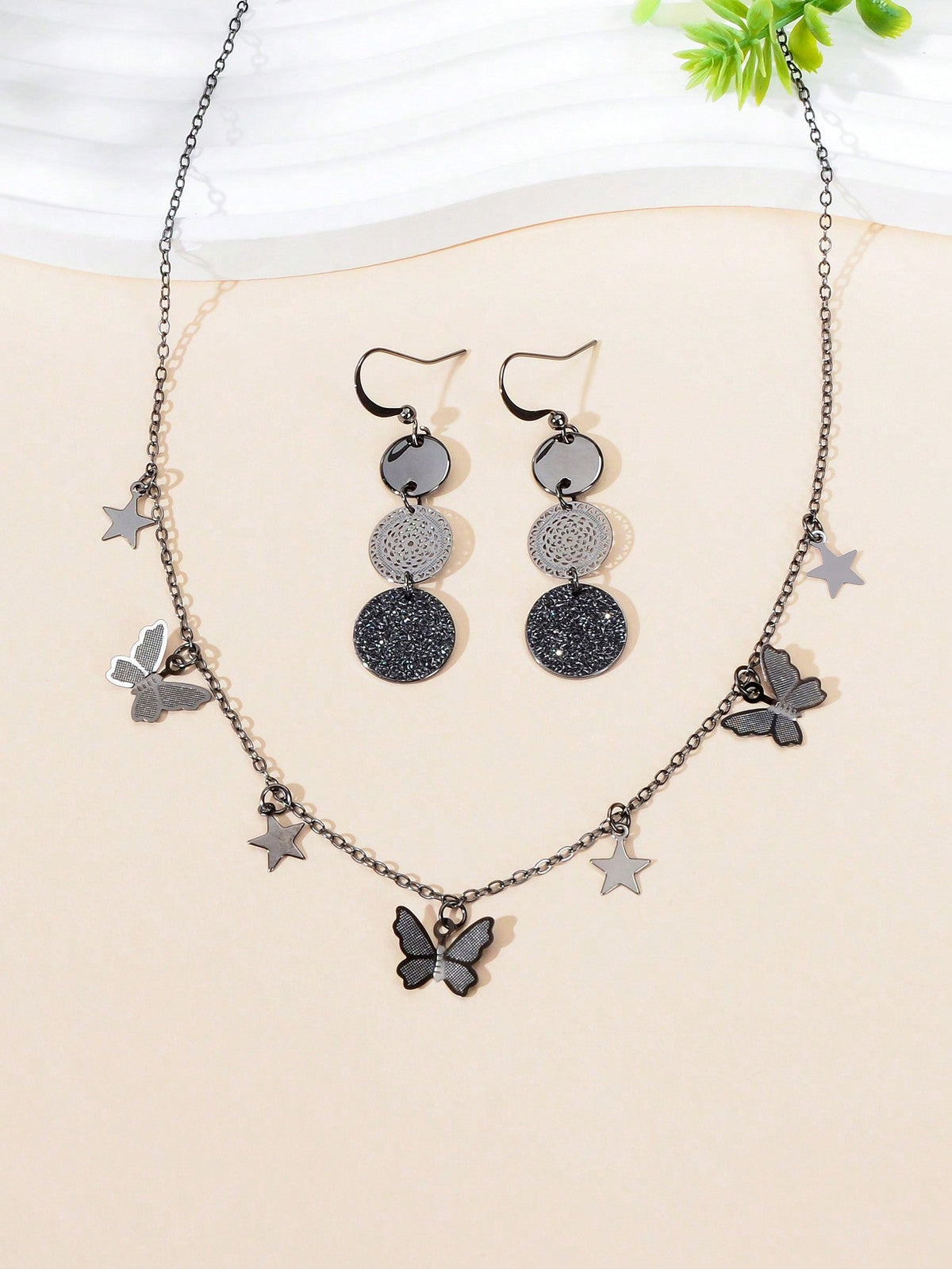 Black Butterfly Star Pendant Necklace Round Disc Earrings Elegant Jewellery Set-2