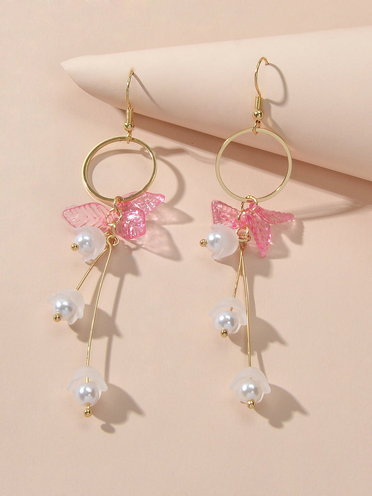 Charming Pearl Green Hotpink Resin Leaf Charm Gold Circle Dangle Women Earrings-0