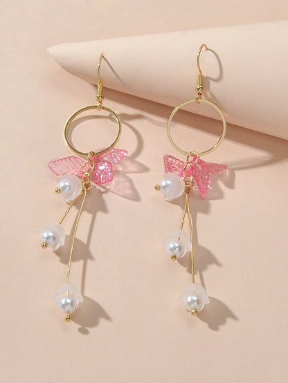Charming Pearl Green Hotpink Resin Leaf Charm Gold Circle Dangle Women Earrings-0