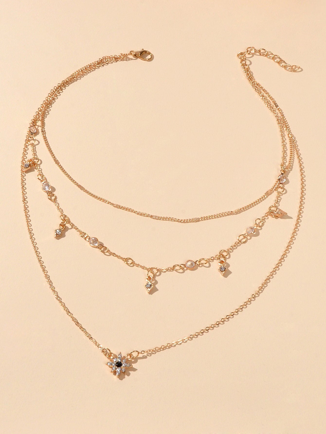 Awesome Teens Jewellery Gift Gold Layered Chain Rhinestone Flower Charm Necklace-1