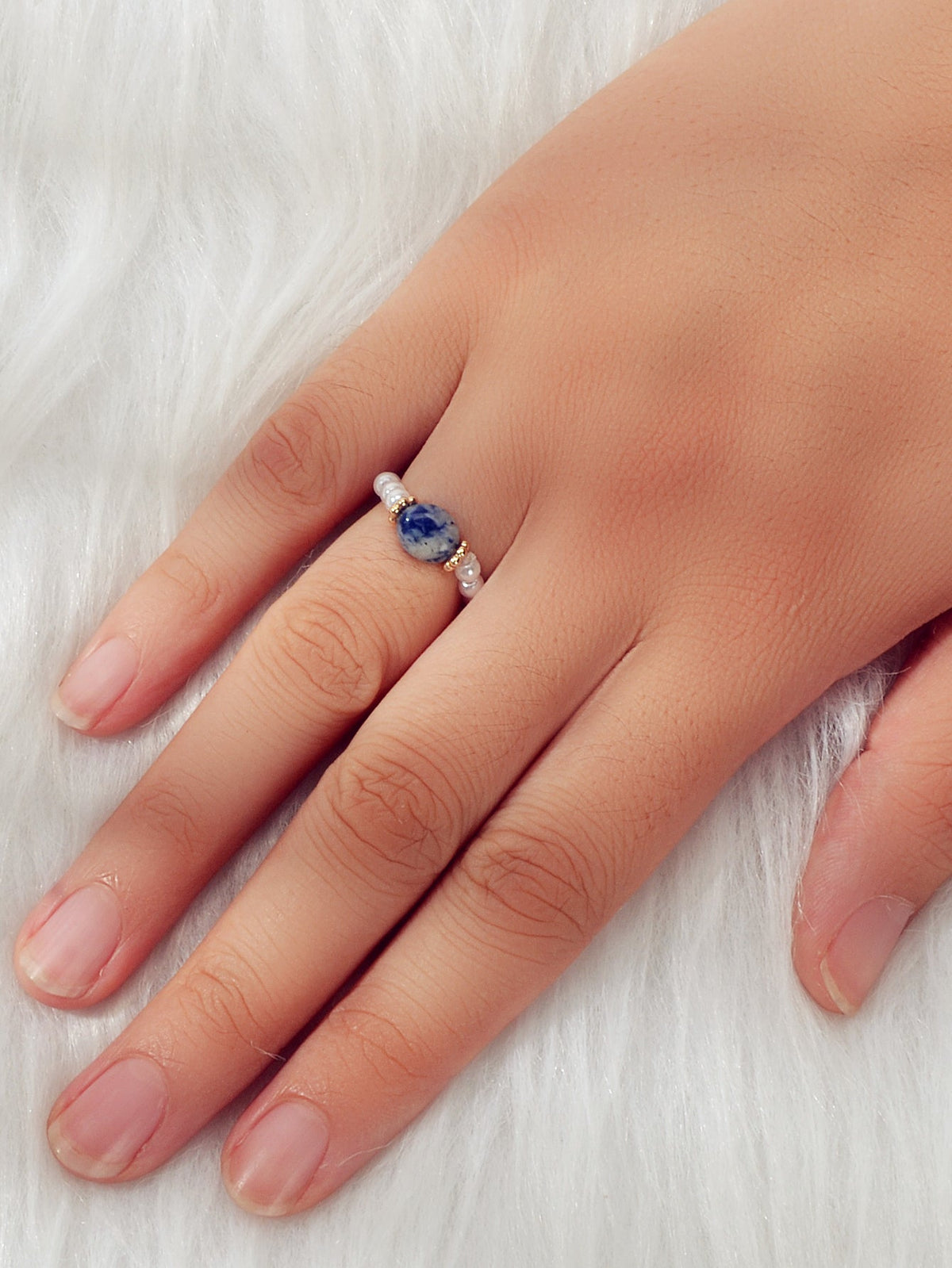 Retro Textured Jewellery Elastic Pearl Natural Stone Finger Ring Band for Women-1