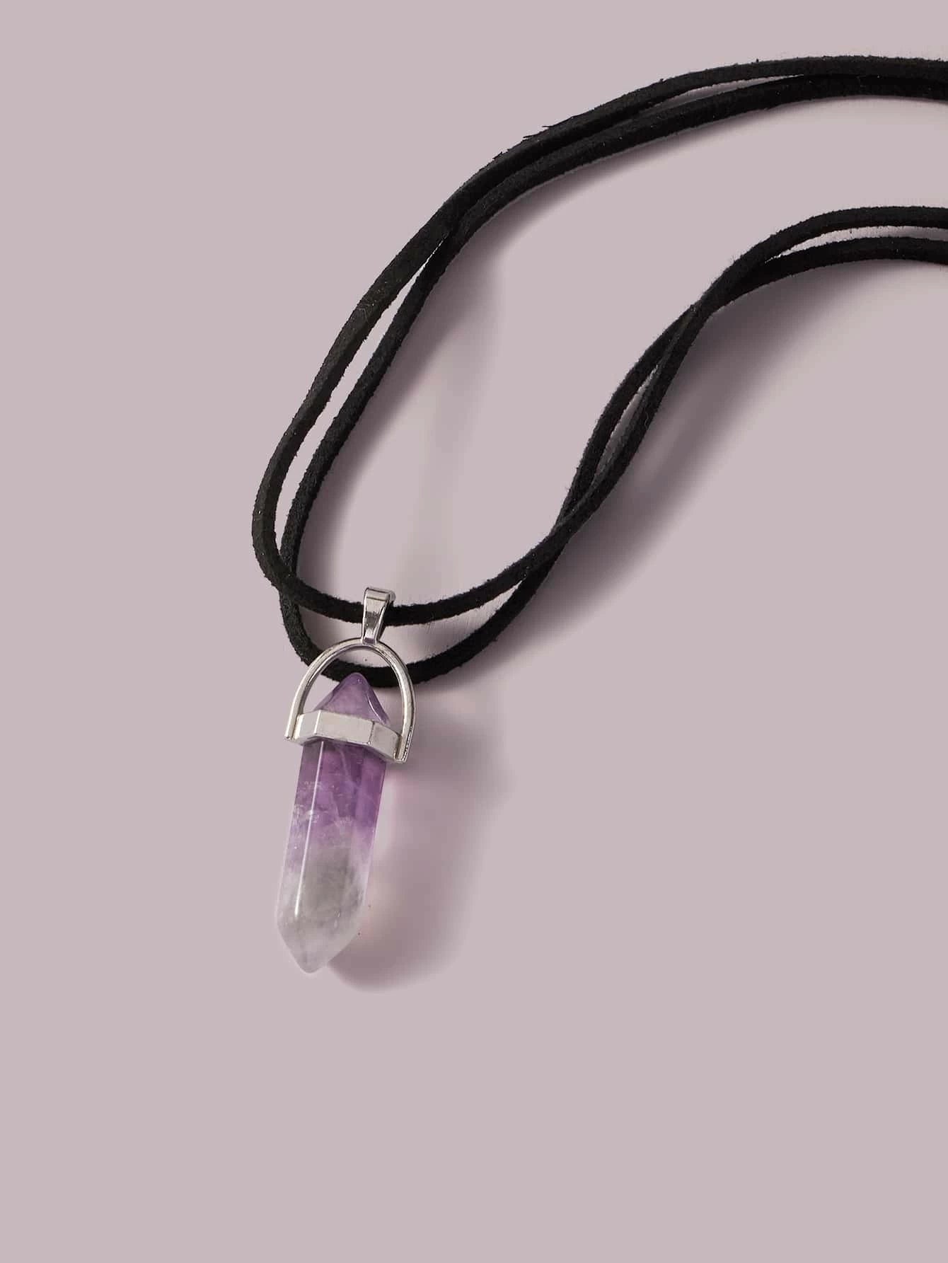 Double Layered Choker Velvet Rope Acrylic Quartz Crystal Stone Point Necklace-2