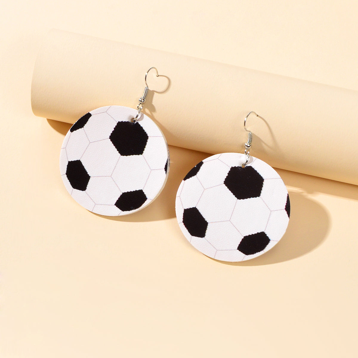 Unique Black White Leather Round Football Soccer Drop Statement Party Earrings-1