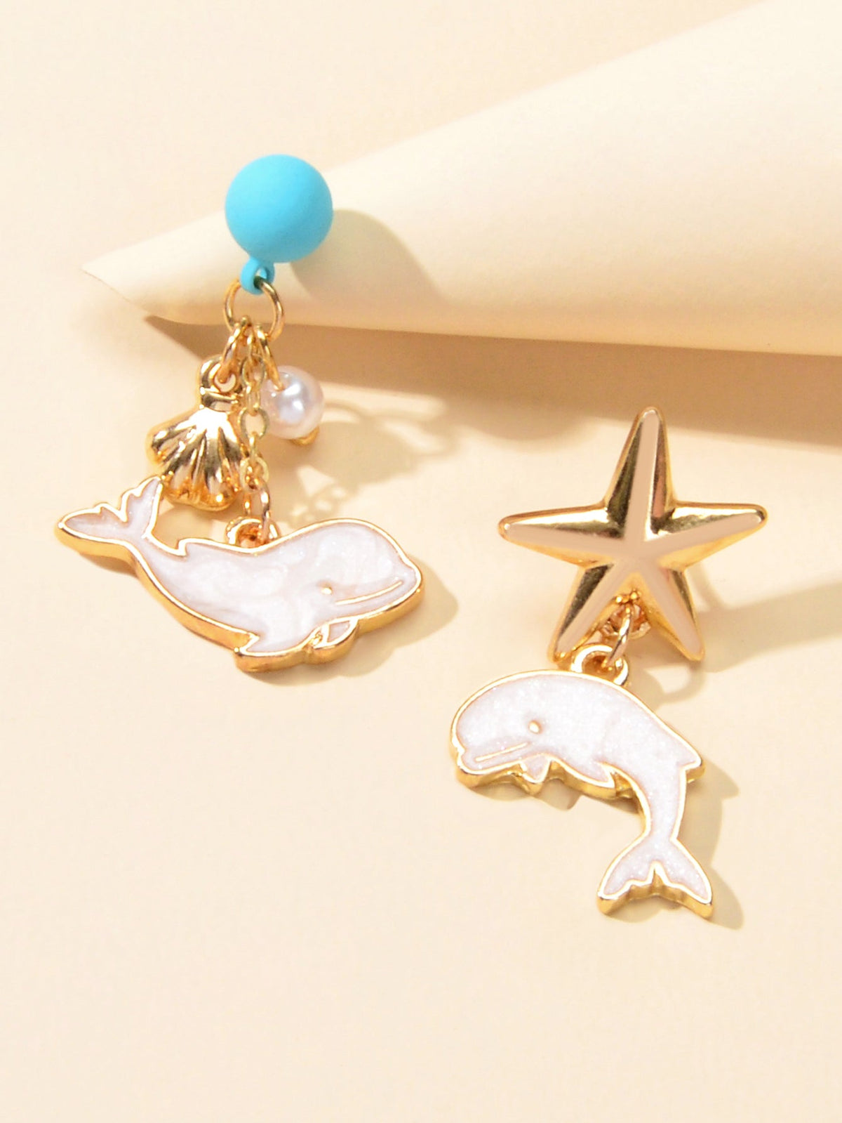 Nautical Jewelry Blue Beads Star Shell Dolphin Asymmetric Dangle Ocean Earrings-2
