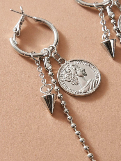 Designer Jewellery Silver Chain Popcorn Chain Spike Cion Charm Hoop Punk Earring-1