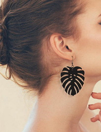 Black Acrylic Leaf Chunky Dangle Holiday Earrings Girls Designer Stylish Jewelry-0