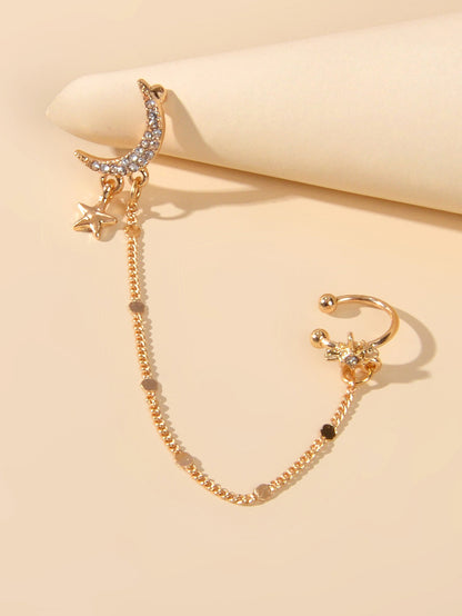 Star Moon Chain Stud Ear Cuff Wrap Clip On Crawler Climber Cartilage Earrings-1