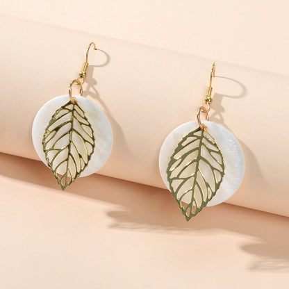 Trendy Gold Leaf White Shell Disc Round Charm Dangle Bho Chic Holiday Earrings-1