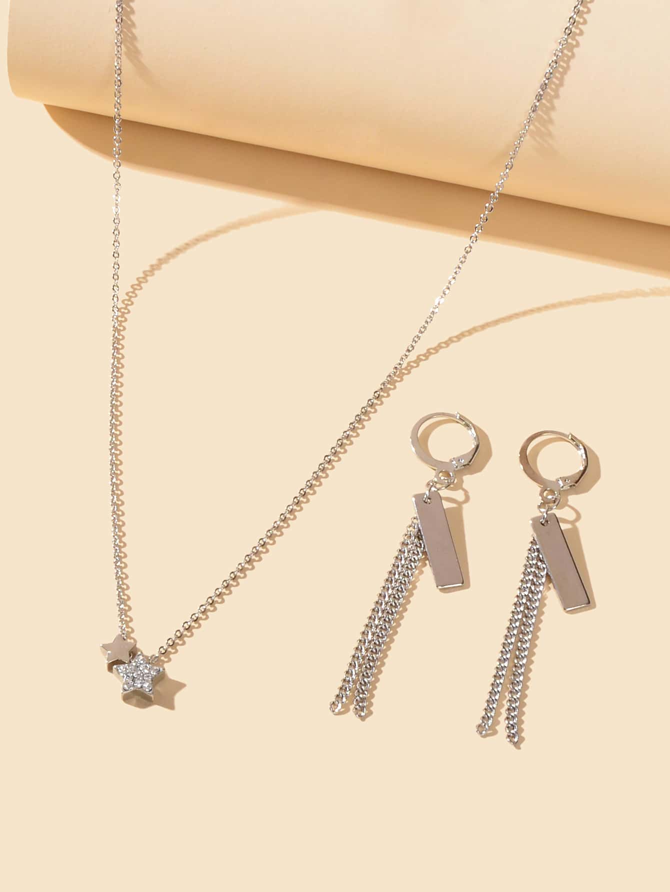 Silver Star Pendant Necklace & Rectangular Tassel Earrings Set Celestial Charm-2