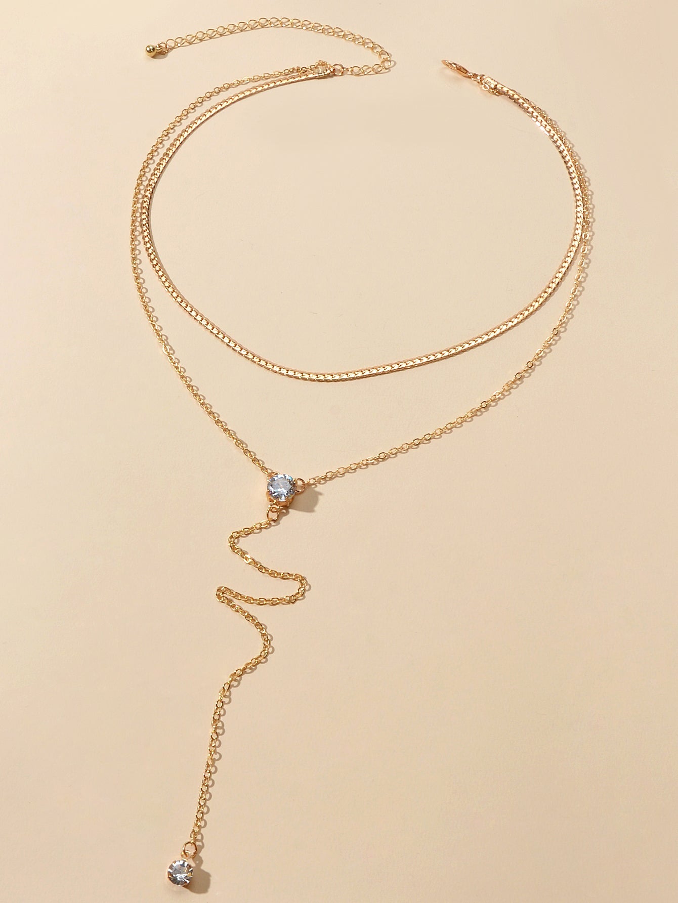 Double layer Rhinestone Decor Gold Silver Long Chain Necklace Y Shape Necklace-1