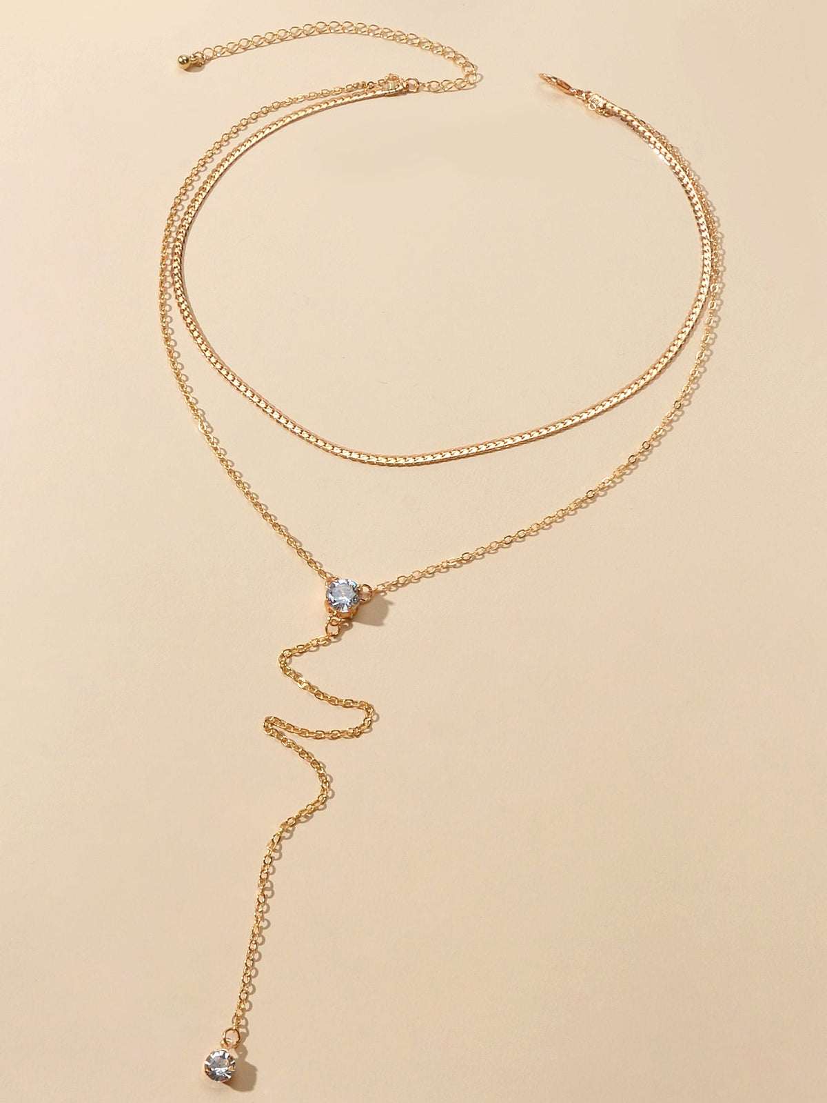 Double layer Rhinestone Decor Gold Silver Long Chain Necklace Y Shape Necklace-1