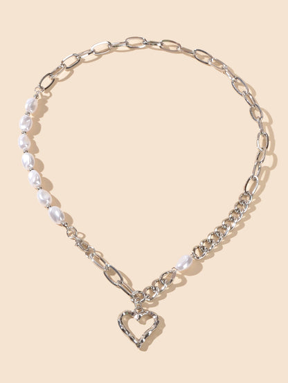Party Decoration Retro Punk Silver Chain Pearl Heart Pendant Women Necklace Gift-1