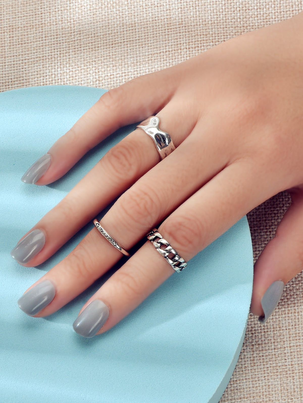 3 pcs Tribal Ethnic Antique Silver Geometric Stackable Multiple Finger Ring Set-1