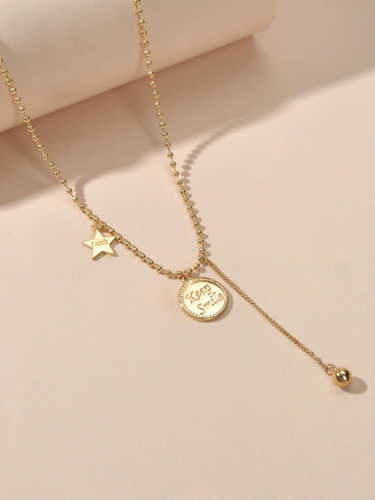 Dainty Party Jewellery Gold Popcorn Chain Luck Letter Star Round Charm Necklace-1