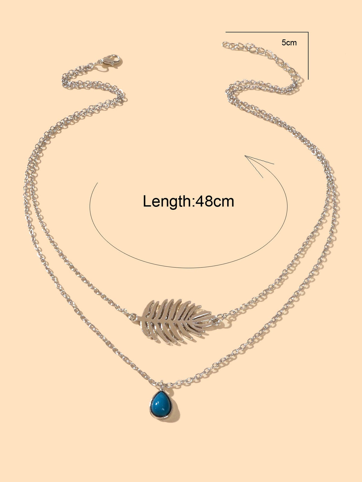 Trendy Double layer Silver Chain Leaf Charm Blue Bead Water Drop Charm Necklace-1
