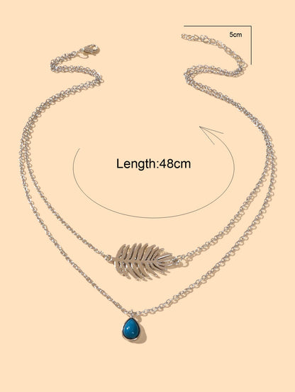 Trendy Double layer Silver Chain Leaf Charm Blue Bead Water Drop Charm Necklace-1