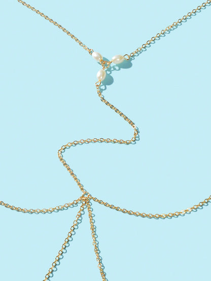 Gold Chain Pearl Accent Waist Body Chain Elegant Fashion Accessory-2