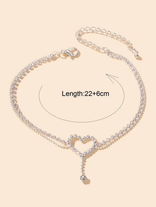 Shiny Double layer Silver Ball Chain Heart Charm Rhinestone Anklet Bracelet Gift-1