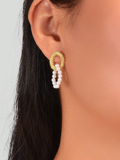Designer Jewellery Geometric Round Pearl Stud Pierced Hypoallergenic Earrings-1
