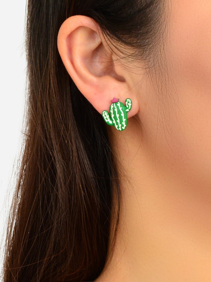 Funny Cartoon Green Cactus Easter Bunny Rabbit Animal Stud Asymmetrical Earrings-1