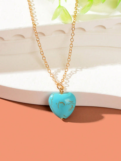Fashion Gold Chain Turquoise Love Heart Pendant Necklace Boho Ethnic Accessories-2