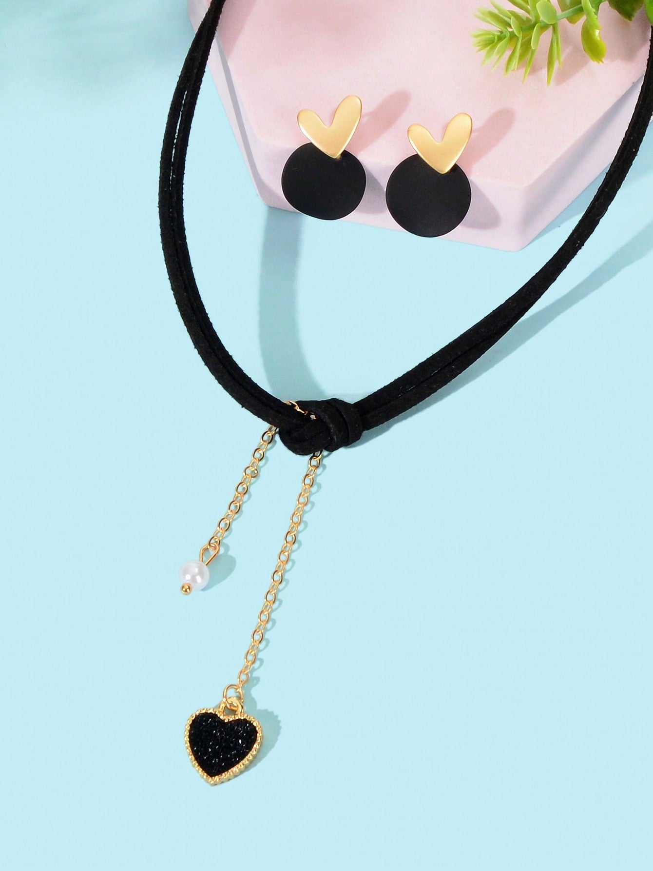 Black Heart Pendant Layered Necklace Earrings Set Elegant Jewelry Ensemble Gift-2