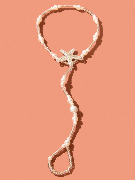 Pearl Barefoot Sandals Sea Star Anklet with Toe Ring Bracelet Beach Foot Jewelry-1