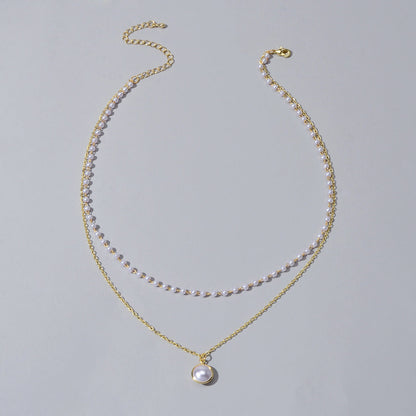 Retro Gold Double layer Chain Pearl Pendant Necklace Anniversary Wedding Gift-1