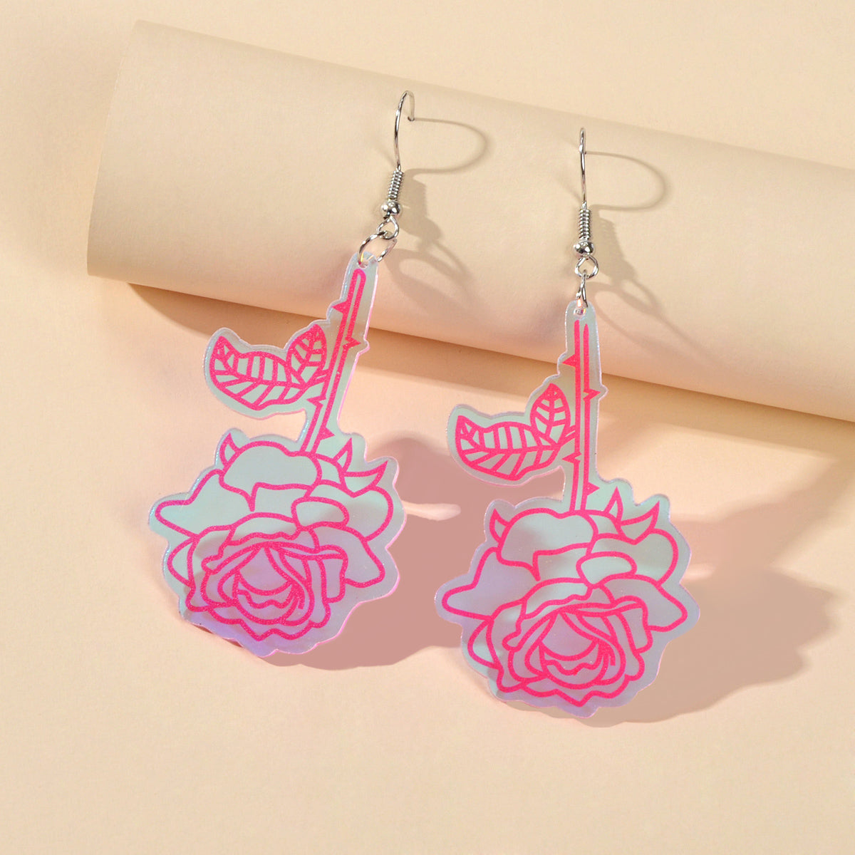 Unique Party Decoration Women Big Resin Hotpink Flower Dangle Female Earrings-1