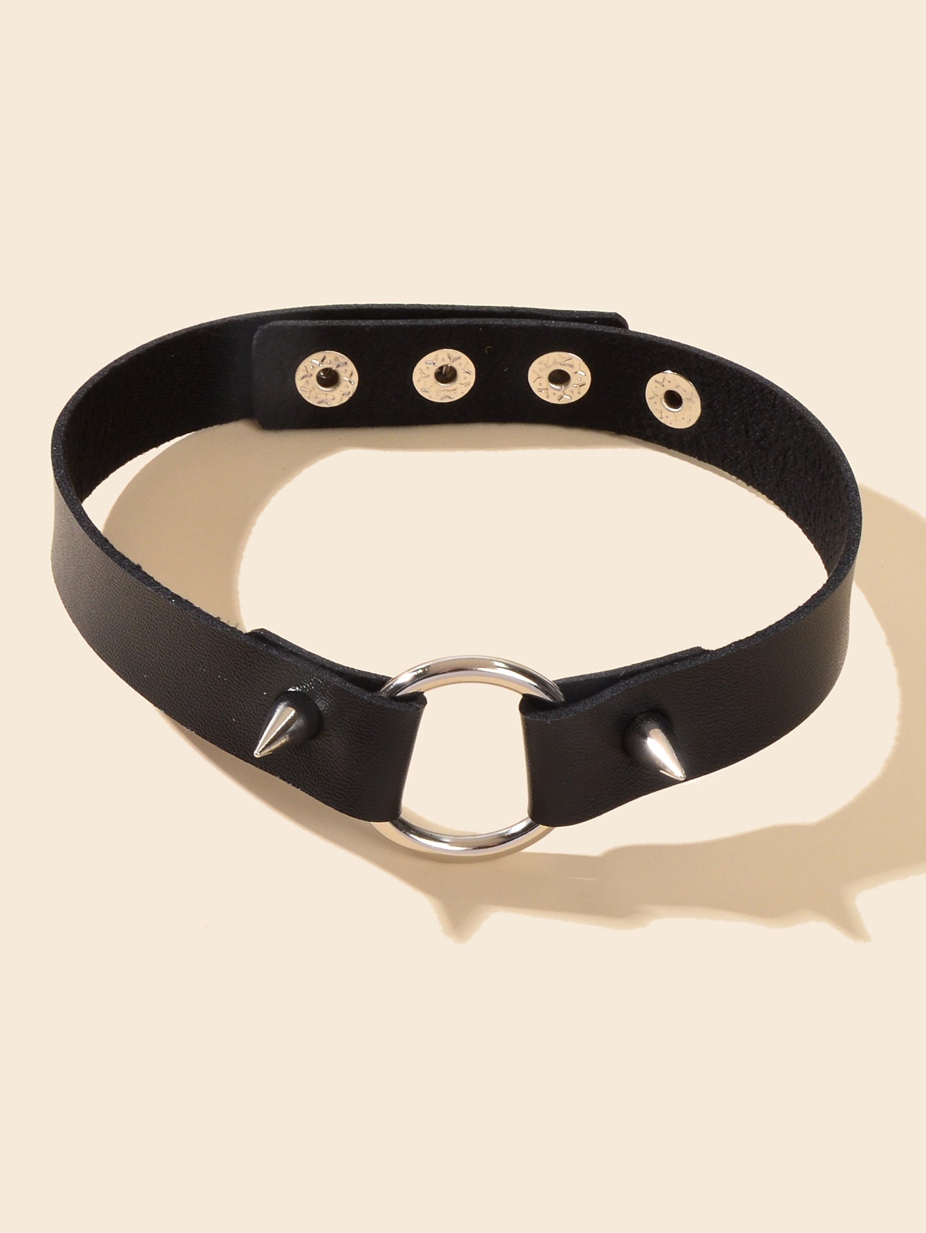 Gothic Punk Grunge Rock Black PU Leather Spike Circle Choker Adjustable Necklace-1