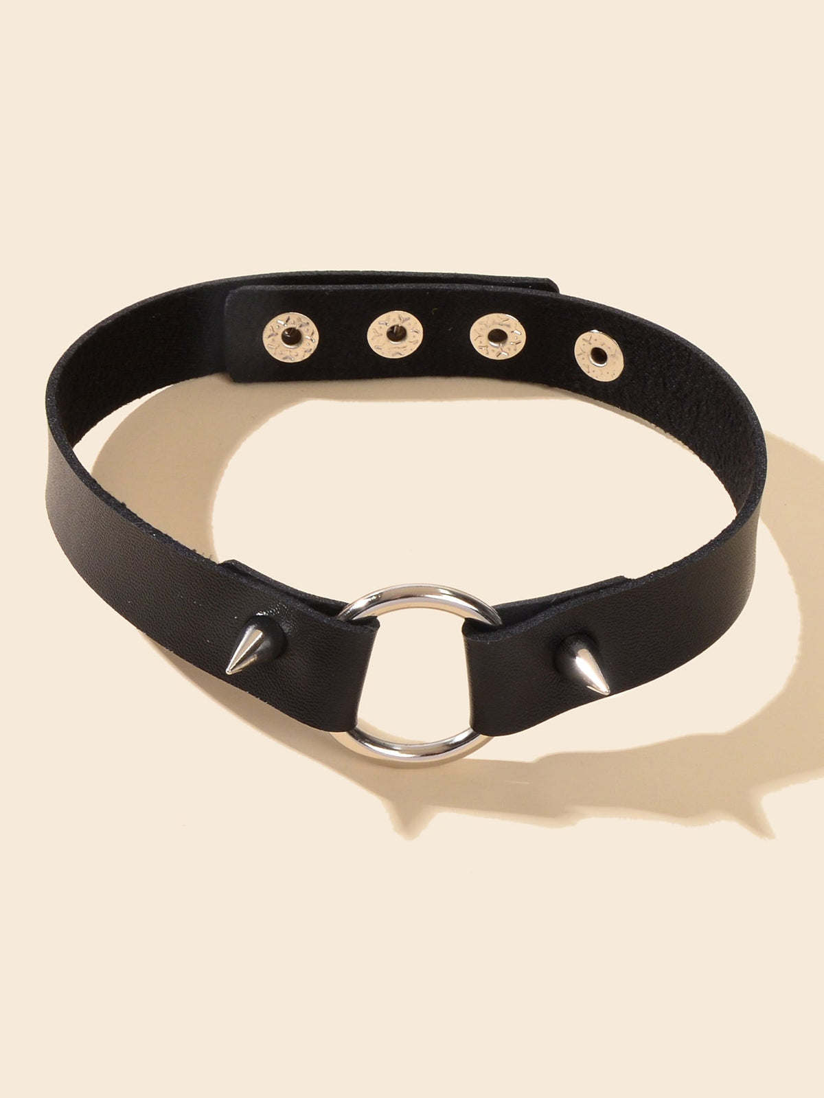 Gothic Punk Grunge Rock Black PU Leather Spike Circle Choker Adjustable Necklace-1