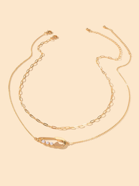 2pcs Popular Accessories Gold Chain Pearl Decor Pin Charm Necklace Women Jewelry-1