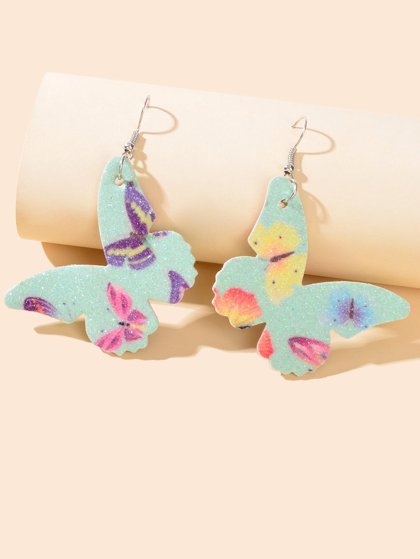 Pink Green Lightweight Pu Leather Butterfly Dangle Earrings Beautiful Accessory-4