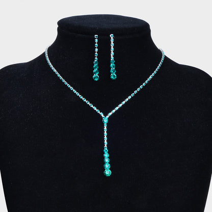 Long Drop Dangle Rhinestone Earrings Necklace Wedding Bridal Party Jewelry Set-1